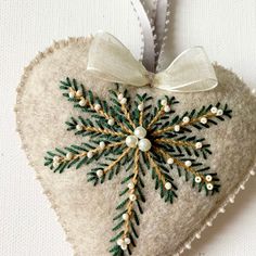 an ornament shaped like a heart with a snowflake decoration on it