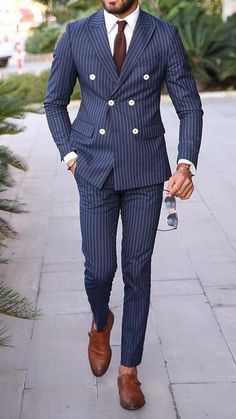 Men 2 Piece Suit (Coat + Pant) Style:- Double Breasted Pinstripe Fabric:- Premium TR Color:- Navy Blue with White Stripe Fit:- Regular Fit We also accept custom orders for this suit, like custom size and color. The jacket is fully lined with 100% satin Perfect for Wedding, Date or any Function Perfect gift for the perfect man or just as a personal treat FREE FAST 5-7 DAY ORDER TO DELIVERY SHIPPING ACROSS THE ENTIRE USA Feel free to ask any question Blue Striped Suit, Men Suits Blue, Beach Wedding Suits, Men's Business Suits, Suits Men Business, Mode Costume, Dress Suits For Men