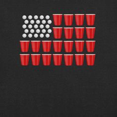 a bunch of red cups sitting next to each other on a black surface with white balls