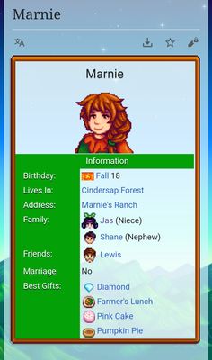 an image of a game screen with the name marnie on it and other items