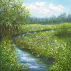 a painting of a river running through a lush green field with trees and wildflowers