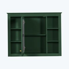 a green bookcase with two doors open on the front and one door closed at the back