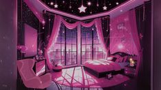 a bedroom with pink walls and stars on the ceiling