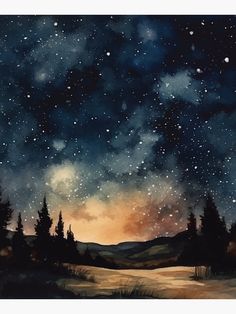 a painting of the night sky with stars and trees on it, as well as watercolor