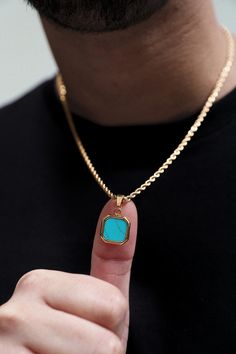 Enjoy our photo gallery. Real customers like you. Real customer satisfaction!  Inspired by the classy look of Hollywood actors,  our pendant necklaces are the perfect solo piece to add some style to your look or layer it with any of our other pendant necklaces. You'll definitely catch complements from someone with this around your neck!   Our Turquoise pendants are available in both 18K Gold and 18K Silver.  ▼ Details & Specifications ▼ ♚ Chain Length: 53cm ♚ Chain Width: 2mm ♚ Chain Style: Micro-curb chain ♚ Pendant Size: 20mm x 20mm ♚ Chain Quality: 18k Silver / Premium 316L Stainless ♚ Chain Clasp: Reinforced Lobster ring clasp ♚ Turquoise Stone detailing ♚ Branded etching ♚ Hypoallergenic, water and sweat resistant ♚ No discoloring or tarnishing ♚ Handmade ♚ Di Víomo branded tag Layer Men's Necklace Gold, Black Stone Necklace, Blue Pendant Necklace, Compass Pendant, Shiny Objects, Outfits 2023, Blue Pendant, Necklace Turquoise