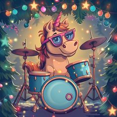 a cartoon unicorn playing drums in front of christmas lights