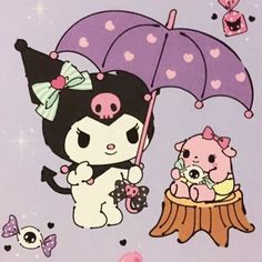 an image of a cartoon cat and dog holding an umbrella over another animal sitting on a tree stump