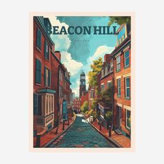 the cover of beacon hill magazine, featuring an image of a street with buildings on both sides