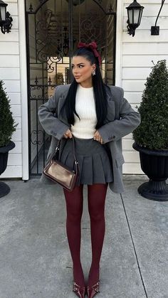 Preppy Fits, Preppy Inspiration, Burgundy Outfit, Red Tights, Paris Outfits, Outfit Trends