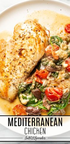 a plate with chicken and rice with sauce and text overlay that reads mediterranean chicken Mediterranean Diet Chicken, Mediterranean Chicken Recipes, Easy Mediterranean Recipes, Mediterranean Diet Food List, Mediterranean Diet Meal Plan, Chicken Entrees