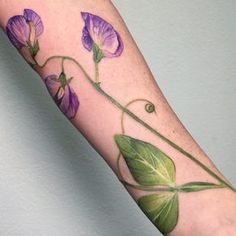 a purple flower with green leaves on the arm