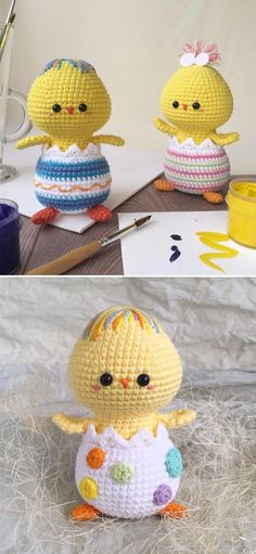 two crocheted chickens sitting next to each other