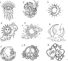 the sun, moon and other symbols are drawn in black ink on a white background