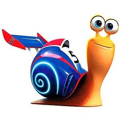 a cartoon snail with big eyes and an airplane on its back