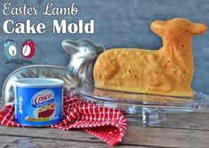 an easter lamb cake mold next to a can of icing