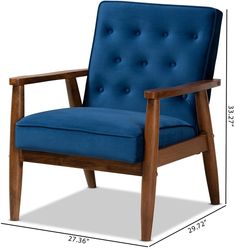 a blue chair with measurements for the back and armrests to fit it's size