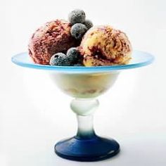 three scoops of ice cream with blueberries and raspberries in a bowl