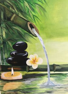 an oil painting of some rocks and flowers in the water with a stream of water coming from them