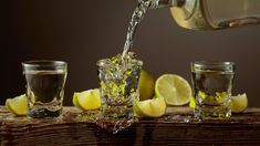 a pitcher pouring water into glasses filled with lemons