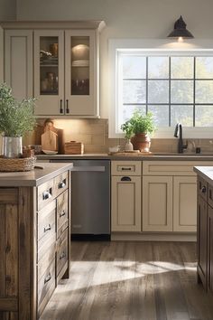 a kitchen with white cabinets and wooden floors