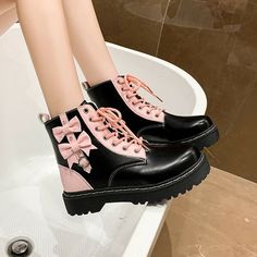 Black Pink Bowknots Boots on Storenvy Cute Pink Boots, Pink And Black Winter Outfit, Pink And Black Shoes, Pink And Black Boots, Pink Goth Shoes, Platform Boots Kawaii, Black And Pink Platform Boots, Spring Pink Lace-up Platform Boots, Gothic Shoes Platform Pink