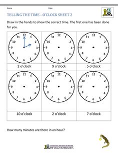 telling time worksheet with four clocks on the same page and numbers in each