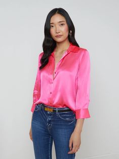 L'AGENCE - Dani 3/4 Sleeve Silk Blouse in Shocking Pink Shocking Pink Outfit, Hot Pink Shirt Outfit, Three Quarter Sleeve Shirt, Corporate Attire, Shocking Pink, Knit Denim, Smart Casual Outfit, Fall Clothes, Trendy Fall