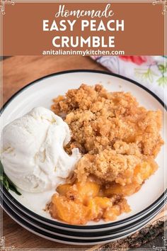 homemade easy peach crumble with ice cream on top