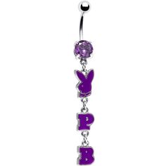 a purple belly ring with the word b on it and a butterfly dangling from the bottom