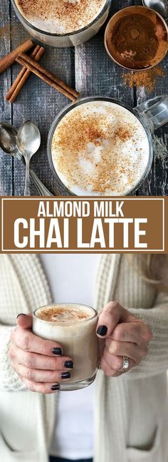 a woman holding a cup of coffee with cinnamon on top and the words almond milk cha latte above it