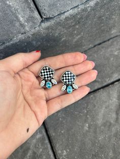 Cluster Checkered Earrings | PREORDER NOW OPEN-Stud Earrings-Krush Kandy Earring Cluster, Western Closet, Checkered Earrings, Cluster Earring, Western Vibes, Cowgirl Jewelry, Yellow Opal, Kandy, Western Jewelry