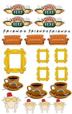 a bunch of different items that are in the shape of frames and coffee mugs