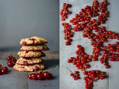 two pictures one with cookies, the other with cherries on it and another with cranberries