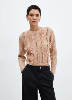 Ruffled crop sweater -  Women | Mango USA Trendy Sweaters Lulus, Ruffle Bottom Sweater, Ruffle Front Sweater, Ruffle Shoulder Sweater, Boble Sweater, Lurex Sweater, Long Knit Sweater, Ruffle Sweater, Long Knit