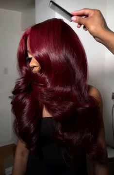 Vibrant Burgundy Hair, Red Highlights Black Women, Wine Red Hair On Brown Skin, Red Hair Sew In, Red Hair On Brown Skin, Dark Red Hair Dye, Crimson Red Hair, Red Burgundy Hair Color, Cherry Cola Hair Color