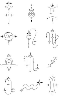 zodiac symbols and their meanings are drawn in black ink on a white background, including the letter