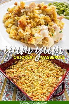 chicken casserole with green beans in the background and text overlay that reads, yum yum chicken casserole