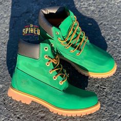 Custom Green Timberlands Be sure to select the correct price based on size you need to avoid being refunded your money and cancelled order Toddler prices for sizes 4-12c Youth sizes 12.5-3c Grade School/Women 3.5y-7y (fits women sizes 5-8.5)  Boots are dyed!!   Tongue options- regular leopard/zebra/purple leopard (any other suggestions contact me direct for availability)   All boots spiked are done gold since loop holes on boots are gold (if request other contact direct)  IF FLATER SPIKES DESIRE Purple Timberland Boots, Custom Slip On Vans, Custom Timberland Boots, Timberland Custom, Jordan 4 Fire Red, Timberland Boots Outfit, Boots Outfit Men, Sneakers Box, Shoes Boots Timberland