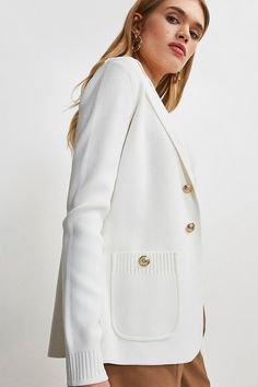 Finesse Your Knitwear Collection With This Knitted Jacket. Lightly Tailored So It Flows Over The Figure, It'S Fastened Using A Pair Of Elegantly Textured Buttons. The Piece Is Detailed With Matching Buttons At The Pockets Alongside Ribbed Trims For A Timeless Look. Karen Millen, Knit Jacket, Fashion Face, Knitwear