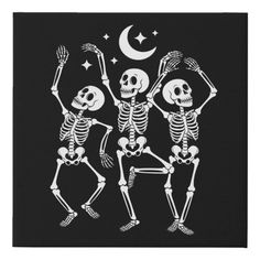 three skeletons dancing with the moon and stars in the sky behind them canvas print wall art