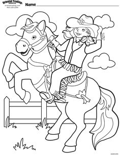 a coloring page with a cowboy riding a horse and the name's on it