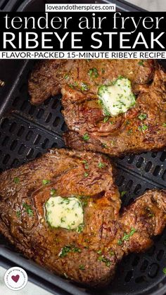 Quick and juicy Air Fryer Ribeye Steak, seasoned and topped with garlic herb butter for a restaurant-quality meal at home. Air Fryer Ribeye Steak, Air Fryer Ribeye, Ribeye Steak Recipe, Air Fry Steak, Air Fryer Steak, Airfryer Recipes, Air Fry Recipes, Air Fryer Dinner Recipes