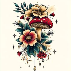 a mushroom and flowers tattoo design on a white background