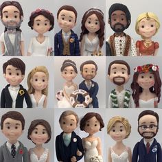 wedding cake toppers are arranged in many different styles and colors, including the bride and groom