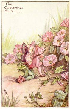 a painting of pink flowers and green leaves on the ground with grass in the background