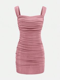 Dusty Pink Casual Collar Sleeveless Knitted Fabric Plain Cami Embellished Medium Stretch  Teen Girls Clothing Dresses For 8th Grade Dance, Grade 8 Grad Dresses, Teen Girl Dresses, Corset Dress Prom, Grad Dresses, Ruched Bodycon Dress, Dresses For Teens, Teen Girls