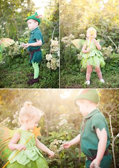 two little kids dressed up as tinkerbells playing in the woods with flowers