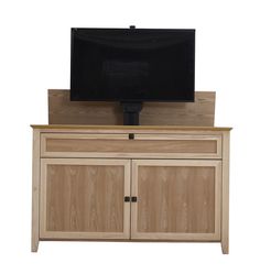 an entertainment center with a flat screen tv on top