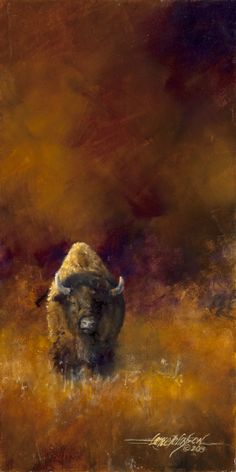 an oil painting of a bison in a field