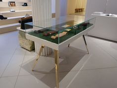 a table that has some items on it in a room with white walls and flooring